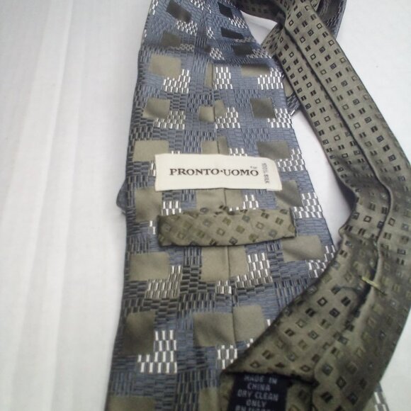 Pronto Uomo Tie Necktie Men Silk Geometric Pattern Green Silver - Picture 2 of 8